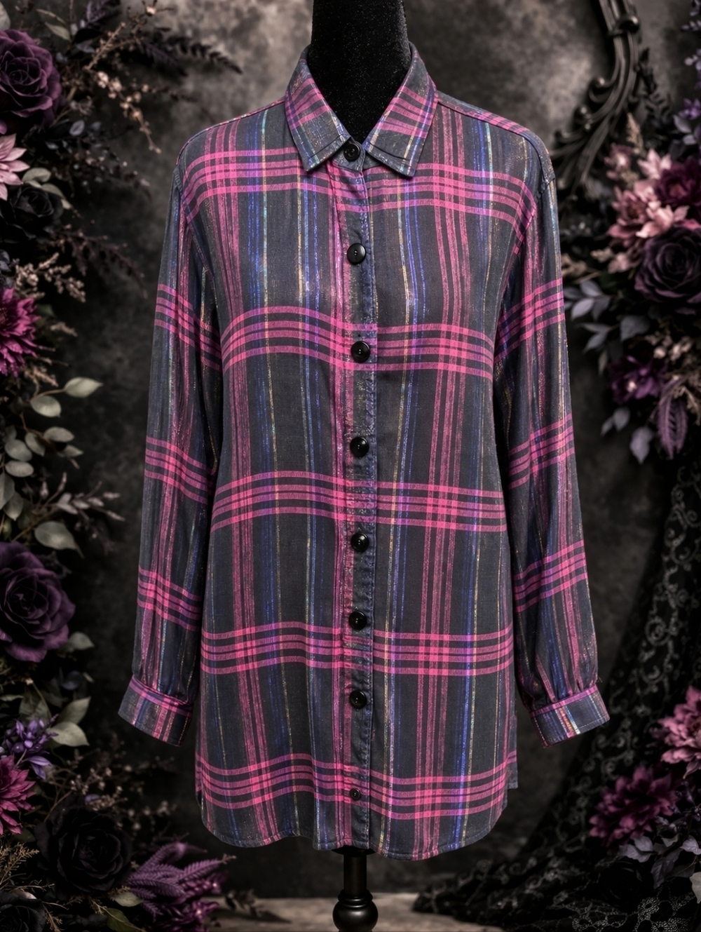 Vintage Casey & Max Shimmer Plaid Button Up Tunic Rayon Blend Blouse Sz M